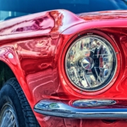 a close up of a red car